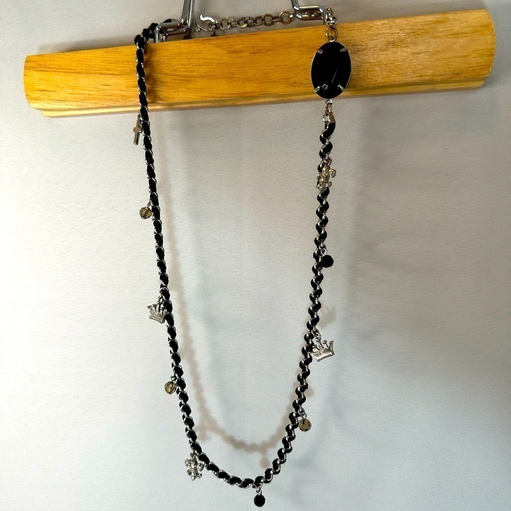 Cookie Lee Braided Black Sliver Tone With Charms Black Stone Necklace 11 inches.